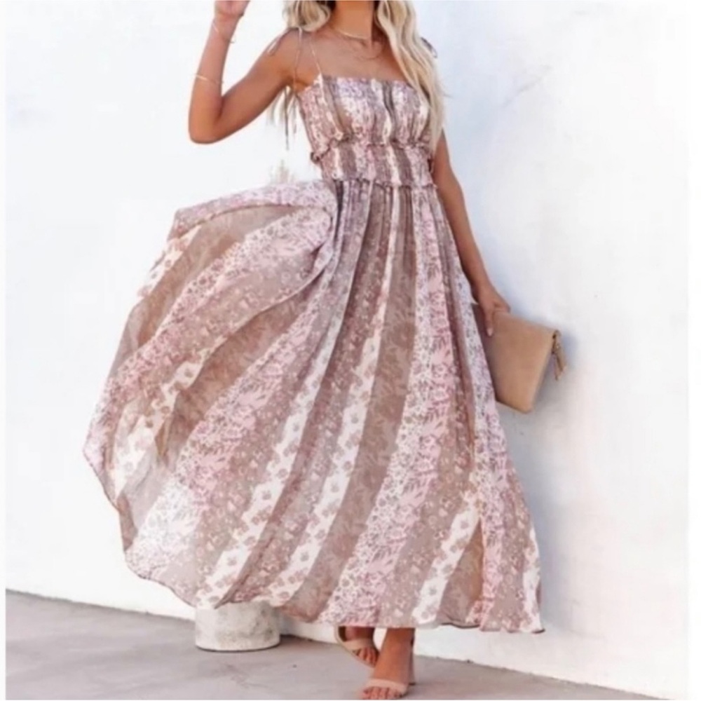 ❤️Sold❤️ Vici Collection Pink Tan Print Spaghetti Strap Flowy Maxi Dress - Picture 2 of 11